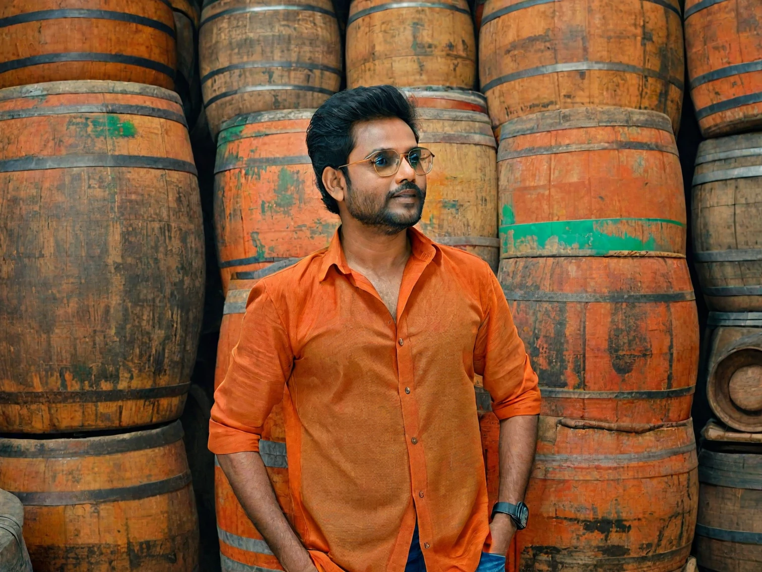 there is a man standing in front of a pile of barrels, jayison devadas style, jayison devadas, stylish pose, casual photography, shot on nikon z9, * colour splash *, portrait shot 8 k, taken with sony alpha 9, portrait mode photo, ayan nag, with lovely look, candid picture, wearing an orange t shirt, very artistic pose