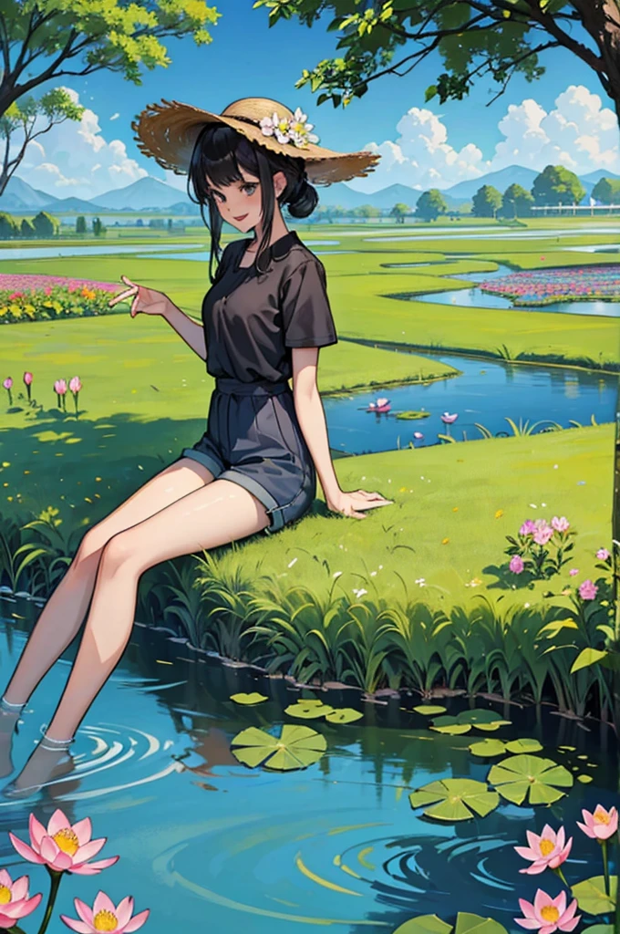 Several lively and cute children,Black hair,They all wore straw hats,They are wearing short sleeves and shorts,Roll up your trouser legs,Sitting by the clear pond and laughing,There are tall lotus leaves in the stream。Surrounded by lush greenery and a vast expanse of gorgeous flowers;They contrast beautifully with the blue sky and the hills in the distance.,It forms a peaceful and beautiful picture;In the foreground is a field of colorful flowers。