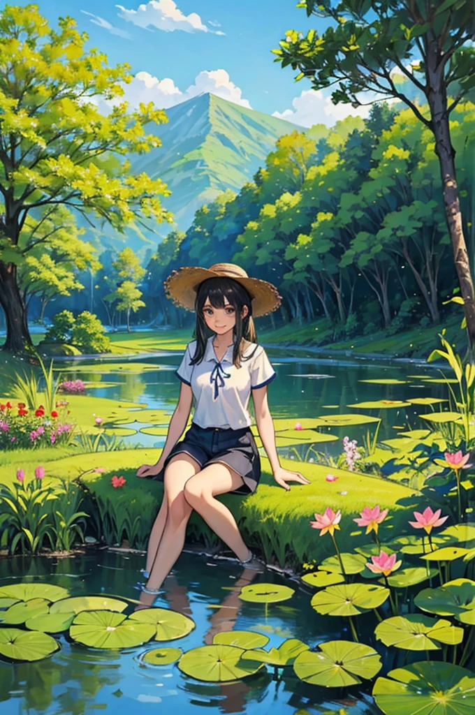 Several lively and cute ,Black hair,They all wore straw hats,They are wearing short sleeves and shorts,Roll up your trouser legs,Sitting by the clear pond and laughing,There are tall lotus leaves in the stream。Surrounded by lush greenery and a vast expanse of gorgeous flowers;They contrast beautifully with the blue sky and the hills in the distance.,It forms a peaceful and beautiful picture;In the foreground is a field of colorful flowers。