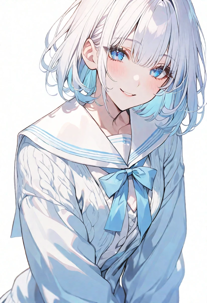 solo, handsome, 1. Female, Straight short hair,White アッシュ ライトブルー Hair, Blue eyes&Soft look ,Lolita,Sailor suit,cardigan,sweater,skin,Sexy,smile,White background