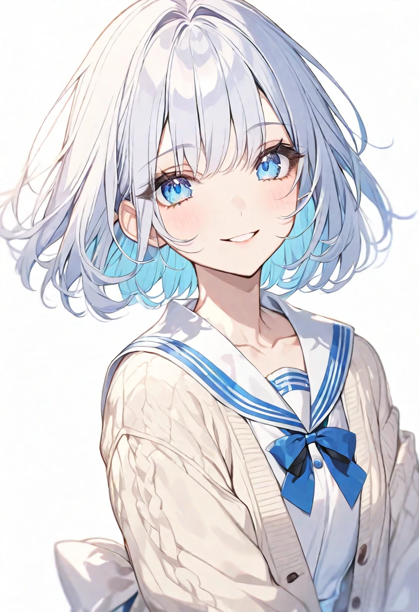 solo, handsome, 1. Female, Straight short hair,White アッシュ ライトブルー Hair, Blue eyes&Soft look ,ta,Sailor suit,cardigan,sweater,skin,Sexy,smile,White background