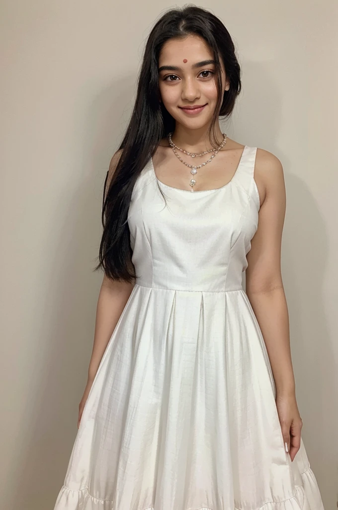 create a most beautiful girl image 16 years age. Wearing white princess dress. also wearing white pearl necklace. there is black bindi on forehead. preety good white eyes, long black hair. she is standing and blushing. she is smiling.