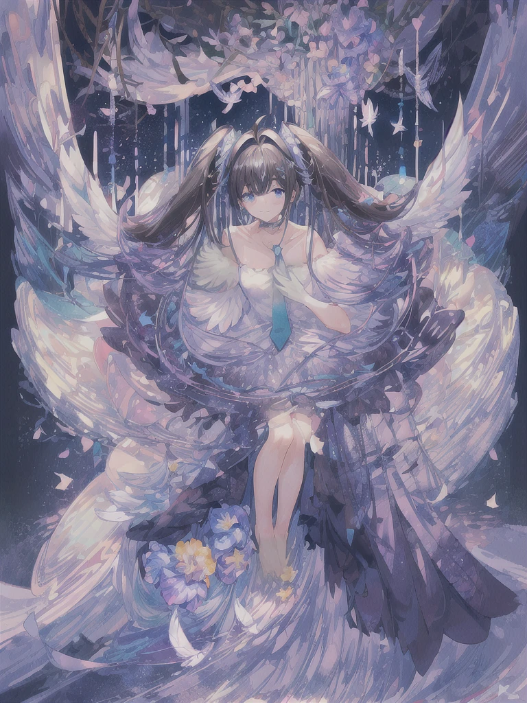 pretty, anime, pastel, neon, vtuber-fullbody vtuber-halfbody, kawaii Masterpiece, young woman, sitting down, parted lips, black eyes, fluffy curly hair, bangs, ahoge, light brown hair, rosy cheeks, short sleeve, black and purple dress, puffy sleeves, black gloves, purple ribbons, ((faded iris)), myceliumtech, scifi, Mycelia, spongy, PsychedelicMasterpiece, ((Faded iris)), flowers, smile, water effect, ahoge, looking up, upper view, yuki miku, very long blue hair, twintails, hair ornament, blue eyes, kawaii looking upupper viewhair ornament(masterpiece:1.2), (hires:1.2), (better hands:1.2), beautiful hands, perfect anatomy, holding star, 1boy, antenna hair, choker, white jacket, shoulder-belt, collared shirt, ear piercing, chain earrings, gradient, stars hair ornament, male focus, multicolored hair, purple hair, yellow strands, yellow necktie, (eye1 purple, eye2 yellow, heterochromia), starlight, starMasterpiece, young girl, white hair, fluffy hair, ahoge, medium length hair, bird feathers, sky, jungle, feather ears, white bird wings, vibrant colors, flowers, flower crown, leaves, white silk dress, detailed sleeves, strewn plants, hair over eyes, butterfly style, more_details:-1, more_details:0, more_details:0.5, more_details:1, more_details:1.5, (((ultra detailed))), softcore, kawaii, 