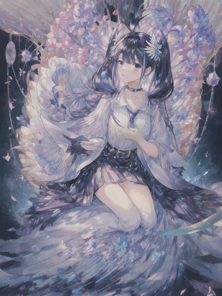 pretty, anime, pastel, neon, vtuber-fullbody vtuber-halfbody, kawaii Masterpiece, young woman, sitting down, parted lips, black eyes, fluffy curly hair, bangs, ahoge, light brown hair, rosy cheeks, short sleeve, black and purple dress, puffy sleeves, black gloves, purple ribbons, ((faded iris)), myceliumtech, scifi, Mycelia, spongy, PsychedelicMasterpiece, ((Faded iris)), flowers, smile, water effect, ahoge, looking up, upper view, yuki miku, very long blue hair, twintails, hair ornament, blue eyes, kawaii looking upupper viewhair ornament(masterpiece:1.2), (hires:1.2), (better hands:1.2), beautiful hands, perfect anatomy, holding star, 1boy, antenna hair, choker, white jacket, shoulder-belt, collared shirt, ear piercing, chain earrings, gradient, stars hair ornament, male focus, multicolored hair, purple hair, yellow strands, yellow necktie, (eye1 purple, eye2 yellow, heterochromia), starlight, starMasterpiece, young girl, white hair, fluffy hair, ahoge, medium length hair, bird feathers, sky, jungle, feather ears, white bird wings, vibrant colors, flowers, flower crown, leaves, white silk dress, detailed sleeves, strewn plants, hair over eyes, butterfly style, more_details:-1, more_details:0, more_details:0.5, more_details:1, more_details:1.5, (((ultra detailed))), softcore, kawaii,