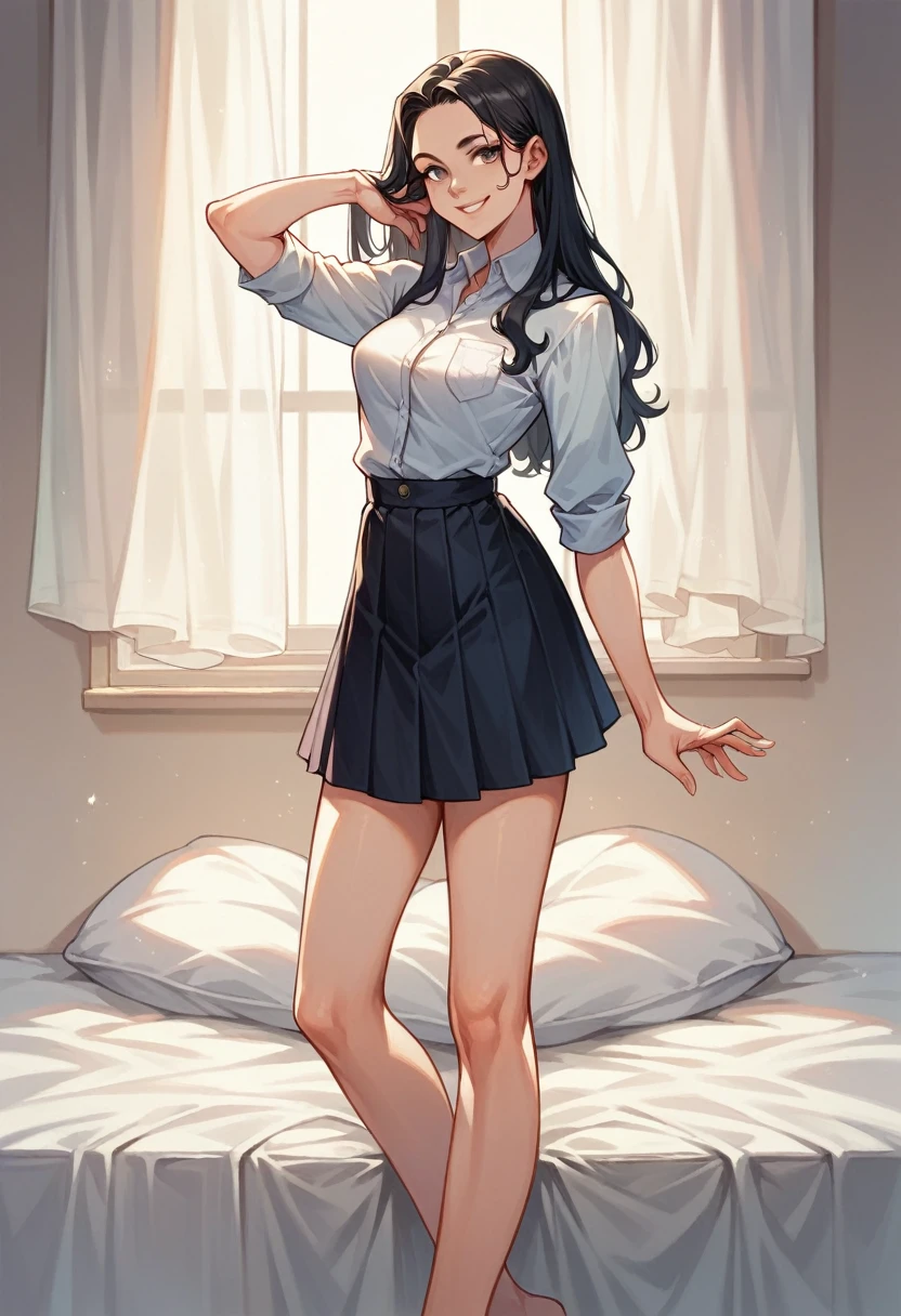 beautiful girl, solo, full-bodied, standing, long black hair, medium breasts, JK, high school outfit , soft smile, sitting on the bed, model pose, temptation,