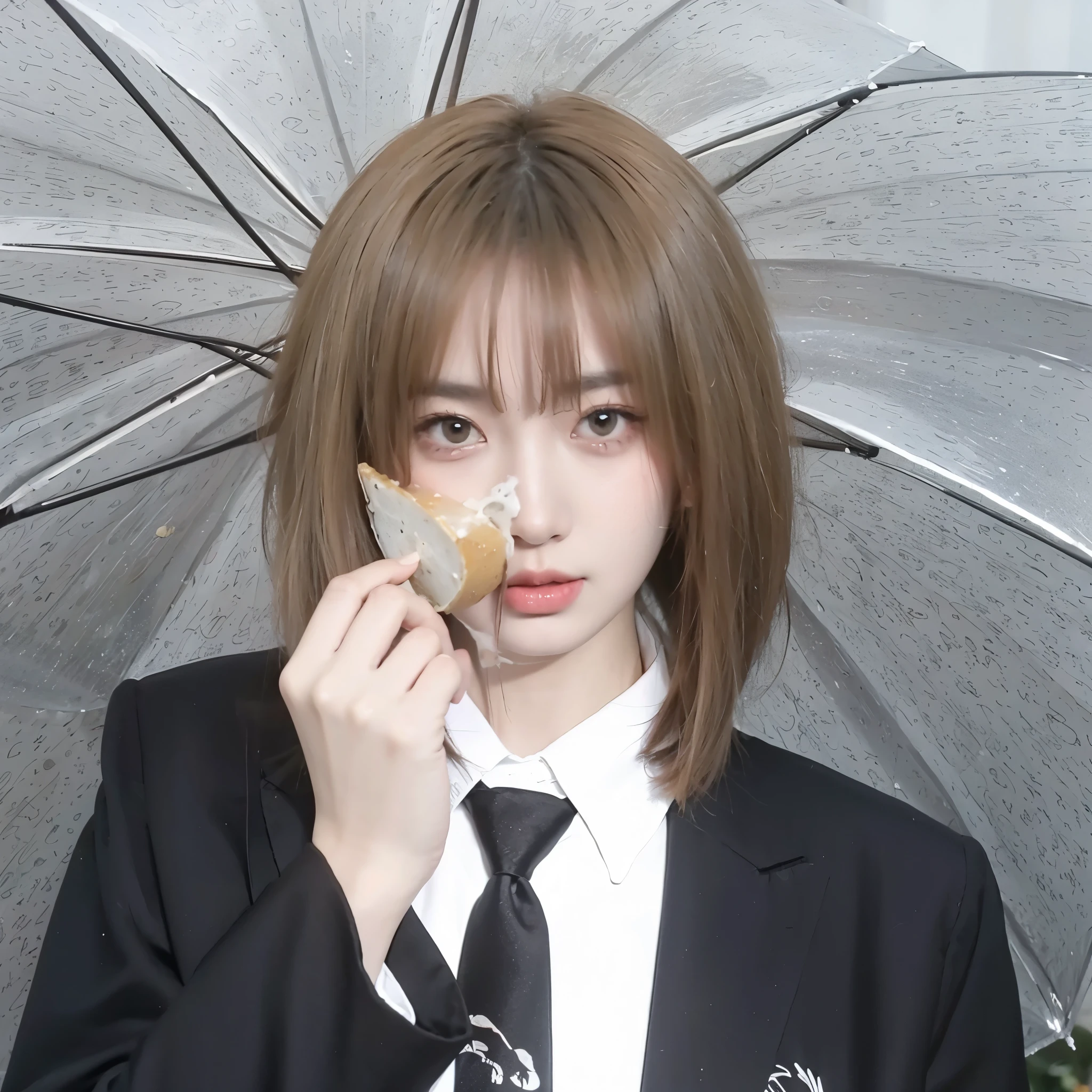 Milk tea gold short hair，Background umbrella