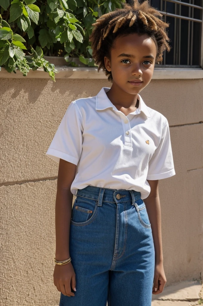 A  white girl with curly hair, medium eyebrows, a pert nose, a big ass showing her pussy, wearing black pants and a José Chediak uniform.