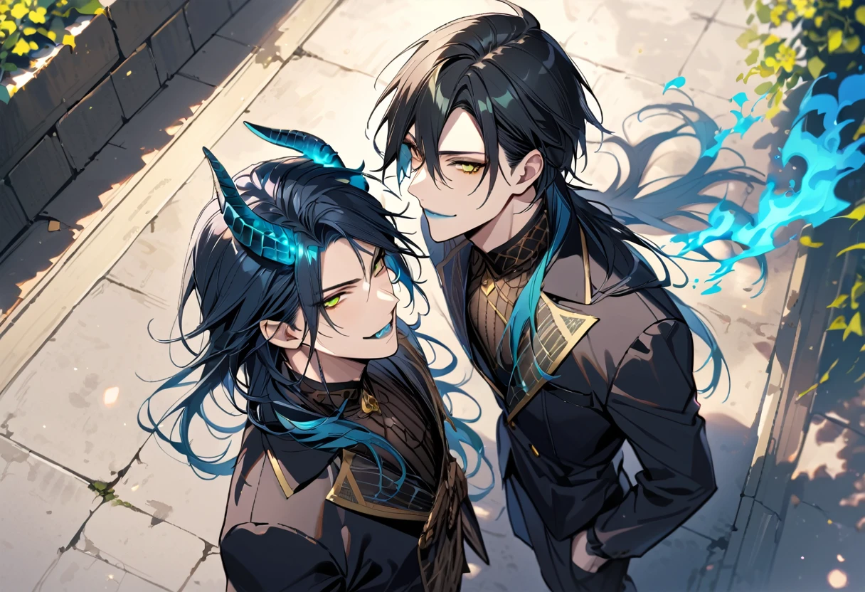 (pieces fly), (highest quality), very detailed, ((two men)), perfect face, beautiful face, very detailed face, (from above:2.0),(black haired man:1.3),(blue haired man:1.3),suit,shirt,smile,flower, (1st boy,Idia Shroud, bishounen, boy, male, extremely long hair, blue hair, blue fire hair, wavy hair, yellow eyes, tired expression, blue lips, handsome, skinny, geeky, blue glow, shark teeth,) (2nd boy, malleus draconia \(twisted wonderland\) horns, bishounen, boy, male, long hair, black hair, yellow green eyes, smile, gray lips, handsome, skinny, tall, yellow green glow,) Two men are hugging each,