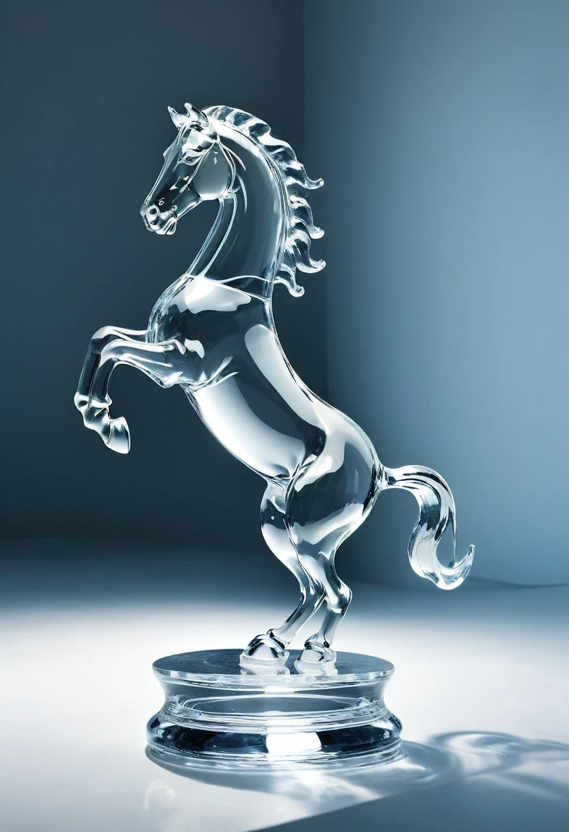 image of a prancing horse made of clear glass, É made of glass transparente, Chess piece, made of glass, completely translucent white, You can see through your transparent skin, inside a private room with white metal walls