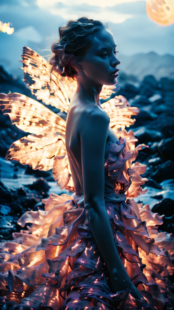 photoPractical,Practical,photography,masterpiece,best quality,Extremely detailed,1 Girl,water,flower,Blue Theme,skirt,moon,