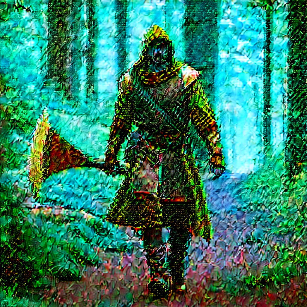 man with axe in the forest with medieval ranger outfit walking