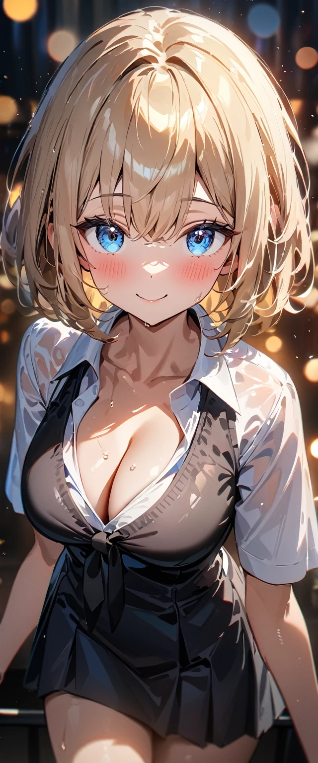 (((One girl))), blond hair, bob cut, (cowboy shot), (looking at viewer), face in focus, breasts, teenager, head tilt:1.3, (((blue eye))), ((happy smile)), ((blush)), school summer uniform, white shirts, ((black tie)), black skirt, wet skin, black corset vest, ((cleavage)), anime style, (best quality, 4k, 8k, highres, masterpiece:1.2, ultra-detailed, ultra-detailed eyes, HDR, UHD, studio lighting, ultra-fine painting, sharp focus, physically-based rendering, extreme detail description, professional, vivid colors, bokeh)