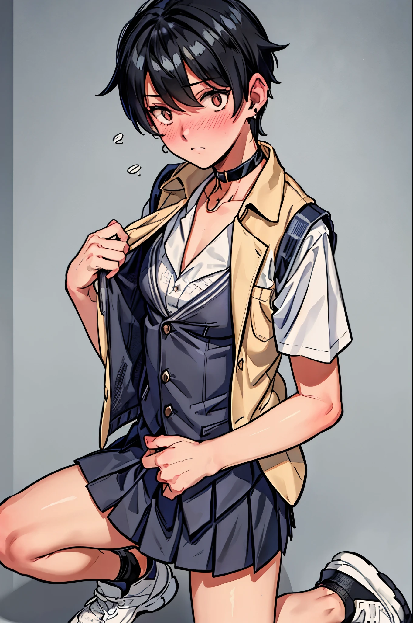 "best quality,ultra-detailed,((background:inside the school1,8)),(one boy),(full body),portraits,((sissy boy,tomboy,FemBoy,trap1,8)),bulge1,8,(natural makeup),black choker,necklace,earrings,(short black hair),boy's face,boys body,((nose-blush)),((shy)),((bra)),(school-uniform),(vest),(blazer),(sneaker),vibrant colors,soft lighting"