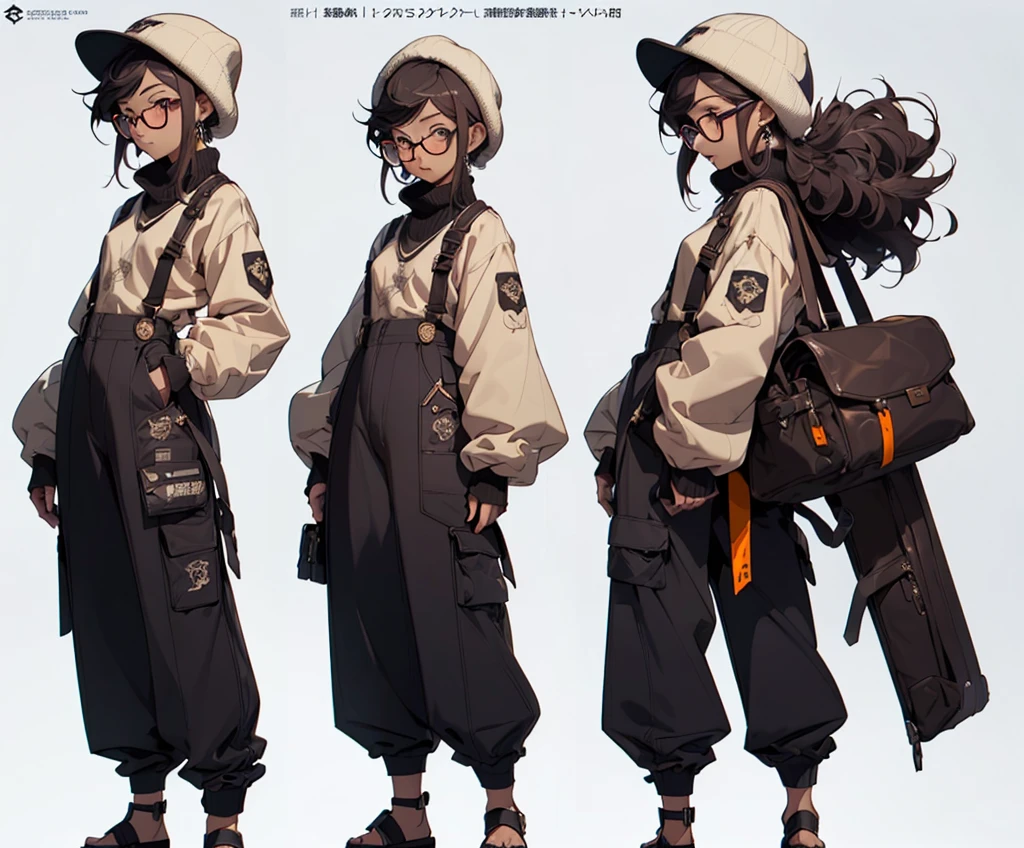 (mature woman), (age 25 years), ((Exquisite Face), (There are complete details...)), (Jitai pose), (Wear glasses), (slight smile), ((Sexy Eyes), (eyes looking straight.)), (Clear 8K images), ((Medium camera angle showing thighs), (standing pose)), (Anime style), (suspenders), (master-piece), ((There are body details..., (perfect hands), (perfect feet)), (line art), ((Character concept art)), ((Character design sheet, Same character.., front-view, Side View, Reverse view, three-quarter view)), 6 half full heads, (tomboy), (long pants), (ushanka hat)