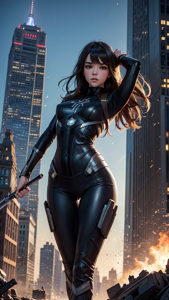 Kate Bishop, a young sexy girl with Hailee Steinfeld's face, skinny body, powerful, beautiful, marvel avenger, wearing a classic sexy superhero suit, ella esta apuntando con su arco y flecha, fighting in a battle against an alien invasion in new york city with tall buildings and the avengers tower in the background, explosions and destruction all around, highly realistic, 4k, maximum detail, photorealistic, semidesnuda.