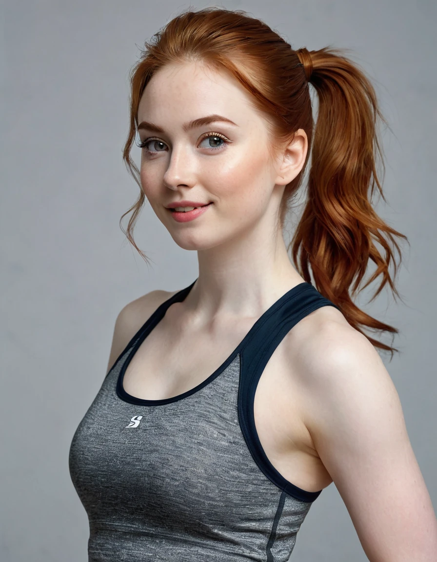 photography full body portrait of very beautiful realistic girl, doing gym fitness, porcelain skin, very fair skin, very pale skin, redhead, wavy, ponytail, very detail skin texture, hazel eyes, slanted eyes, small nose, small nostril, think curved eyebrow, thick bottom lip, seductive gaze, happy face, unique face, wear casual dress, detail photo, realistic photo, master piece picture, sharp picture, indoor, clear daylight