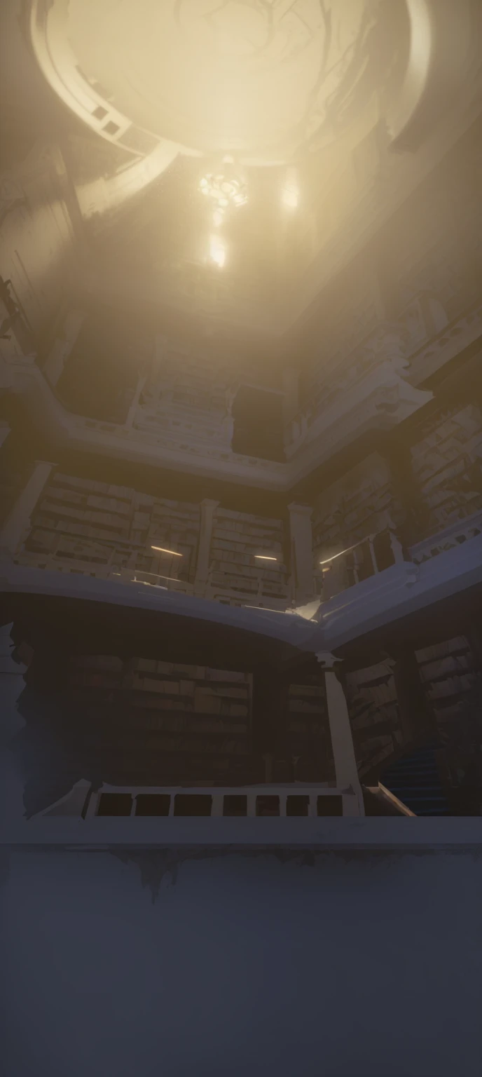 There is a picture of a room with a ceiling and a ceiling fan, library of ruina Concept Art, dusty library, Gothic Epic Library Concept, Dramatic Lighting. Concept Art, alchemist Library Background, gloomy library, Unreal Engine Digital, Library Background, Blurred background of library, painterly Concept Art, Detailed lighting and textures, library of babel
