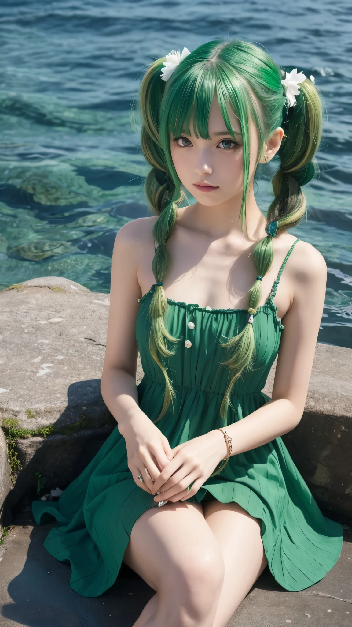 One girl, alone, hair ornaments, Green Hair, Twin tails, Long Hair, dress, water