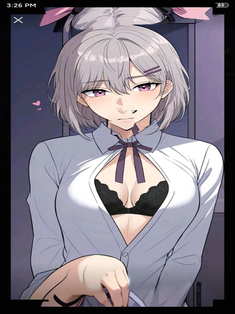 a girl with white hair and pink eyes, leaning against a dimly lit locker, biting the ribbon on her uniform, detailed portrait, photorealistic, high quality, intricate details, dramatic lighting, anime style, soft colors