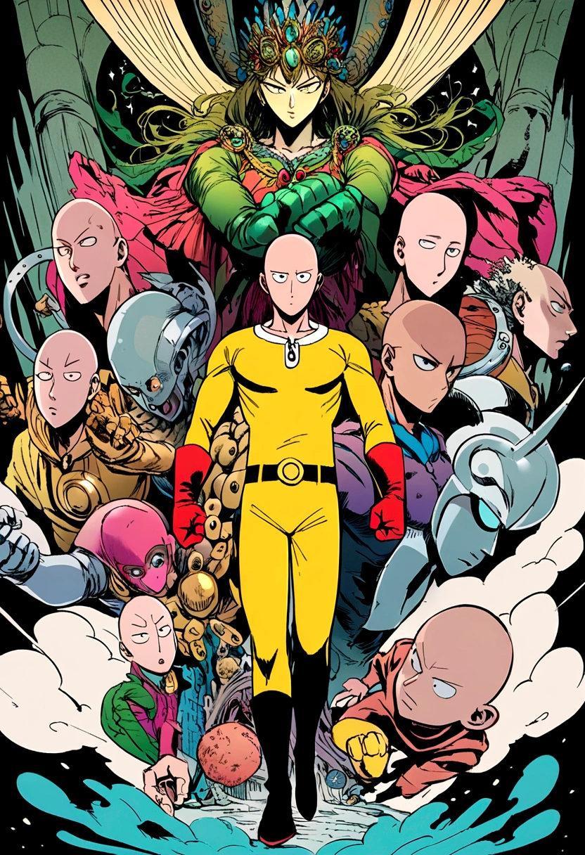 (Mad Magazine cover) (A muscular bald man with a wide grin, a classic Alfred E. Neuman face, classic Saitama pajama outfit with blanket cape) in a heroic one-punch pose, the bloody remains of a monster strewn across a panicked crowd in downtown Tokyo, dynamic action, cinematic lighting, digital painting, highly detailed, 8k, photorealistic, dynamic composition, dramatic atmosphere, striking colors, vibrant (title across the top MAD)