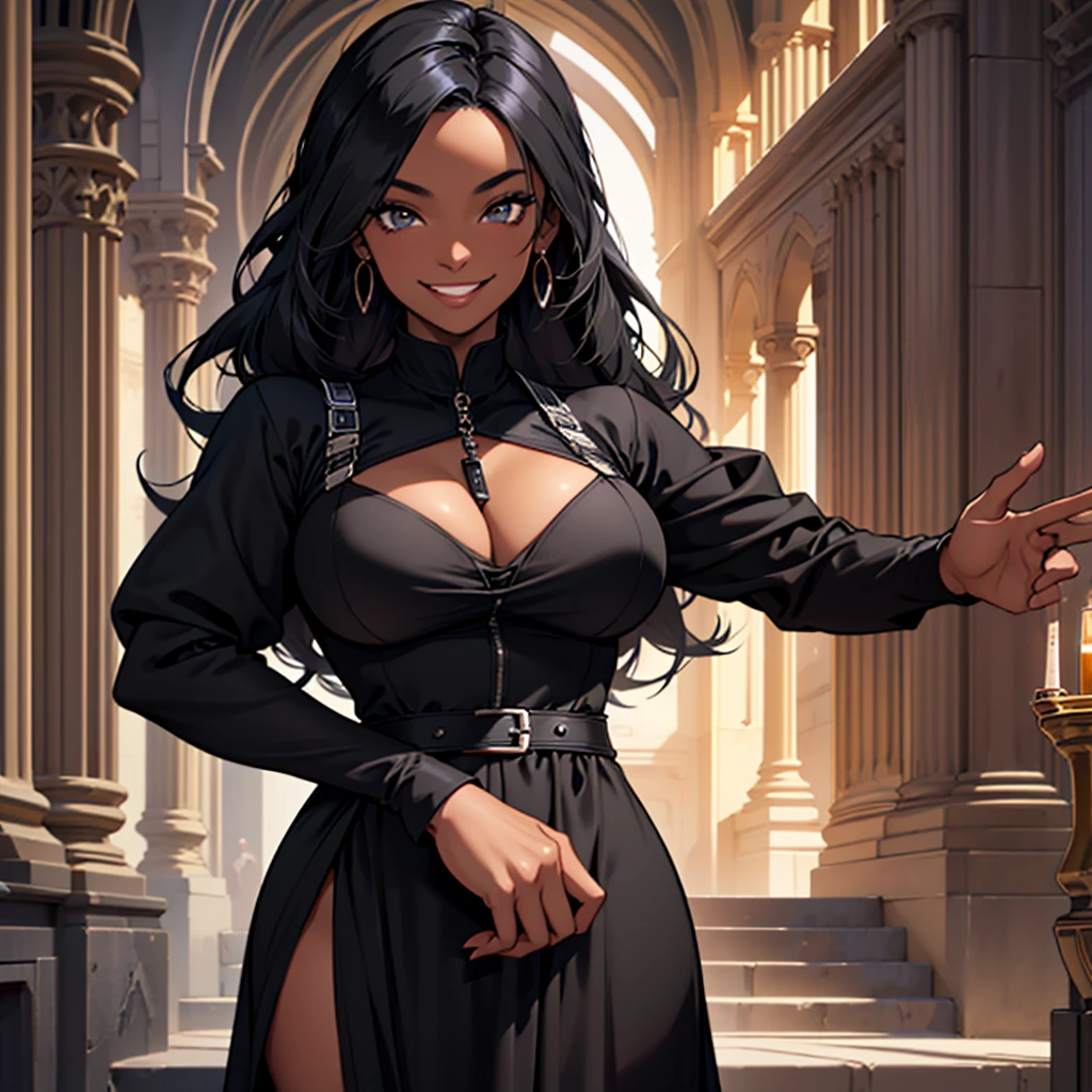 A woman, 22 years old, black skin, dark skin, mischievous smile, big breasts, mischievous smile, curious look, medieval period, wearing a black dress, wearing a black dress, wearing a black tuxedo, medieval background , Ultra HD 4k, 4k, Ultra HD