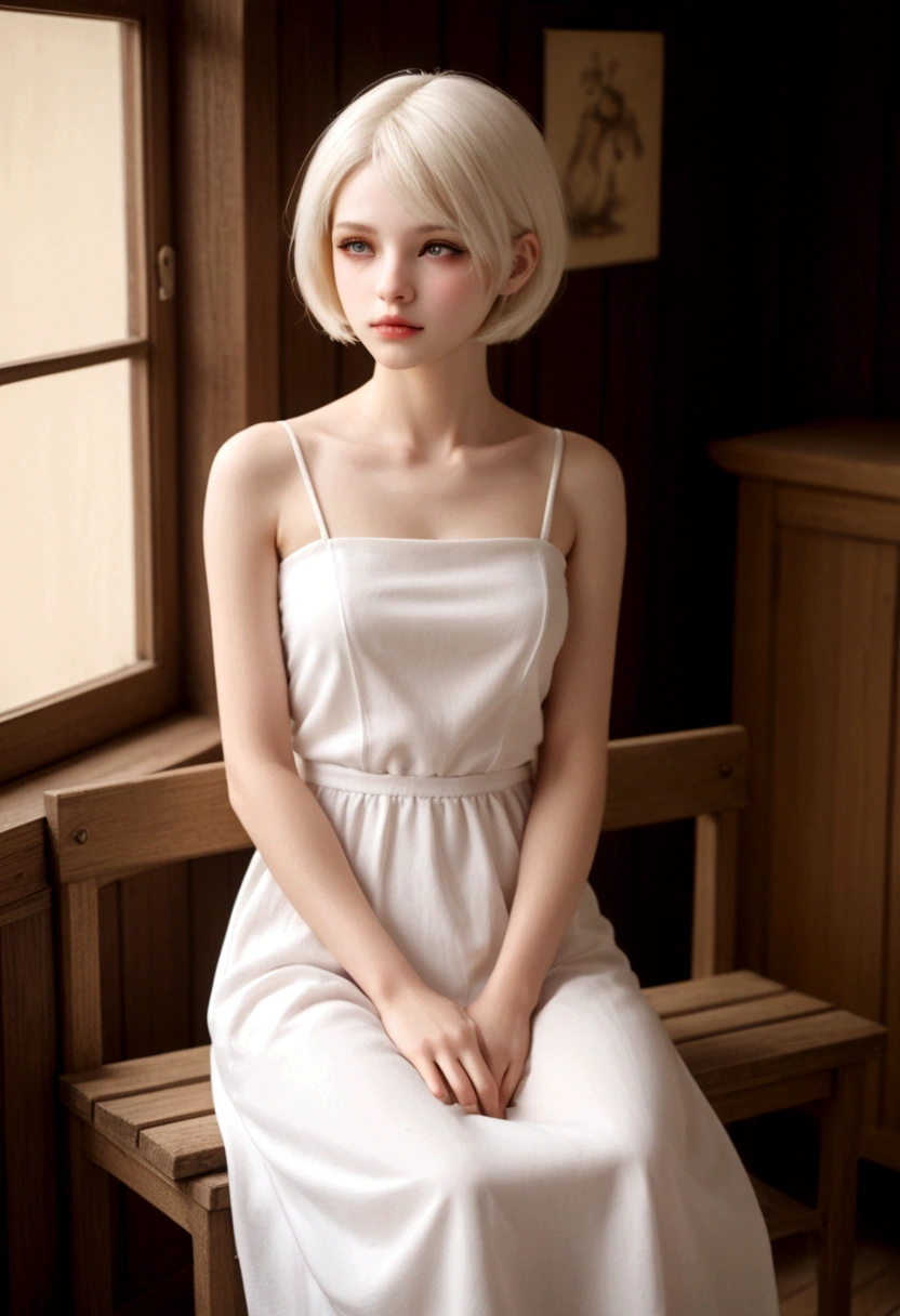 from side, upper body, BJD, doll joints, doll joints, BJD made of pure white glazed ceramics, electric drive, A fantastic and aesthetic image, Large half-closed golden glass eyes, urban style Pure white very short hair, a thin and haggard face, face without makeup, The ball-jointed doll is modeled after a 18-year-old woman, European features, silk white tube top dress, slender limbs, beautiful detailed face, sitting on a wooden chair, old european houses, indoor, beautiful artwork, High-definition, 4k, 8k,