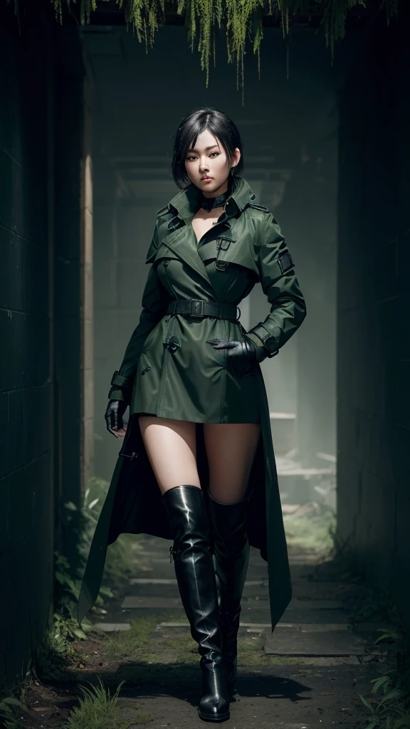 beautiful young japanese woman, ighly detailed, body suit, gloves, a belt, thigh high boots, (valorantviper:1.2), body suit, gloves, a belt, thigh high boots, breather, look at viewr, faces, sportrait, foreground, verdant, Esbert, (Combat readiness), (Tactical Gear), (solo character), (Game Theme:1.5), short-haired, verdant, (A dark-haired), (Military equipment), (Wear Black Trench Coat:1.4), (Poisonous greens:1.2), (Brilliant Effect),