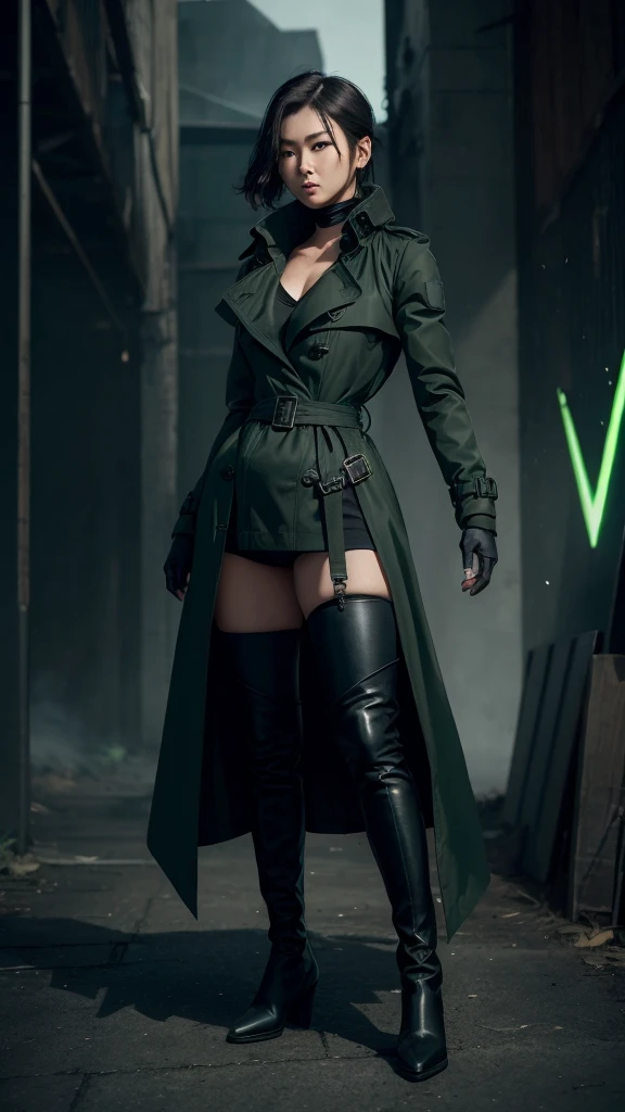 beautiful young japanese woman, ighly detailed, body suit, gloves, a belt, thigh high boots, (valorantviper:1.2), body suit, gloves, a belt, thigh high boots, breather, look at viewr, faces, sportrait, foreground, verdant, Esbert, (Combat readiness), (Tactical Gear), (solo character), (Game Theme:1.5), short-haired, verdant, (A dark-haired), (Military equipment), (Wear Black Trench Coat:1.4), (Poisonous greens:1.2), (Brilliant Effect),