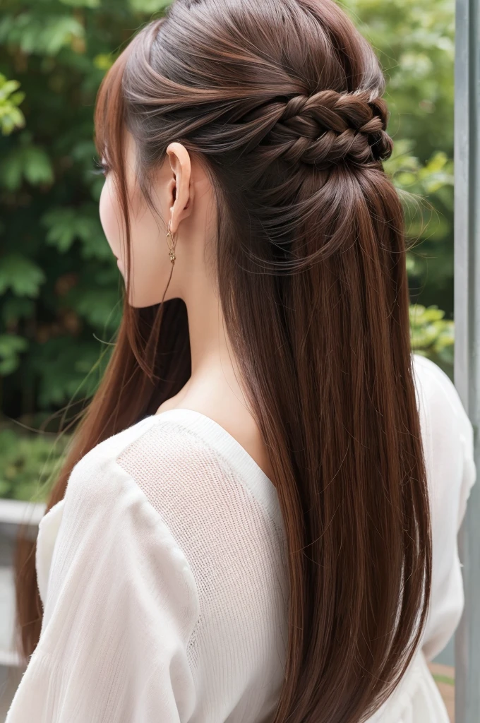 A woman with beautiful hair、Only hair、Back view、photograph、high resolution、straight、natural、White background、Smooth、Fluttering