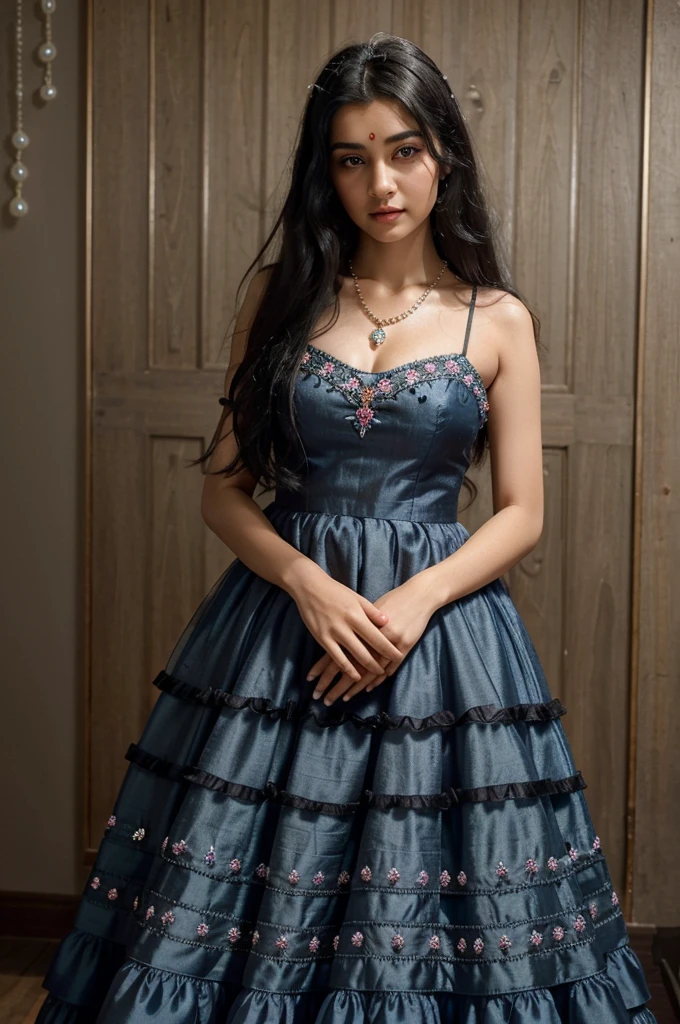 create a most beautiful girl image 18 years age. Wearing Embroidered Layered Tulle Gown. also wearing white pearl necklace. there is black bindi on forehead. preety good blue eyes, long black hair. she is standing and blushing.