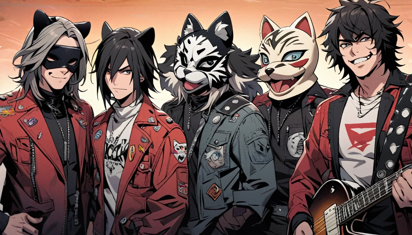 Rock band musicians together, cartoon images, musicians wearing mechanic's clothes, wearing animal masks, rock metal bands, brutal