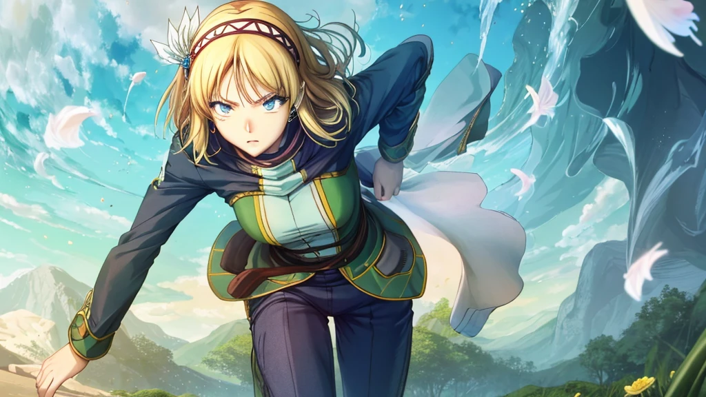 Anime girl holding flowers, Cute anime waifu in a nice dress, In a dress, I deny that, Official Art, Anime Princess, , Beatrice Blue, Zerochan Art, Royal elegant pose, Official Artワーク, Splash art anime , irritating, Kshat Krentz Key Art Female, Detailed fan art, Beautiful teenage girl, , One girl, Cayna, Blonde, short hair, blue eyes, hair ornaments, Very pointy ears