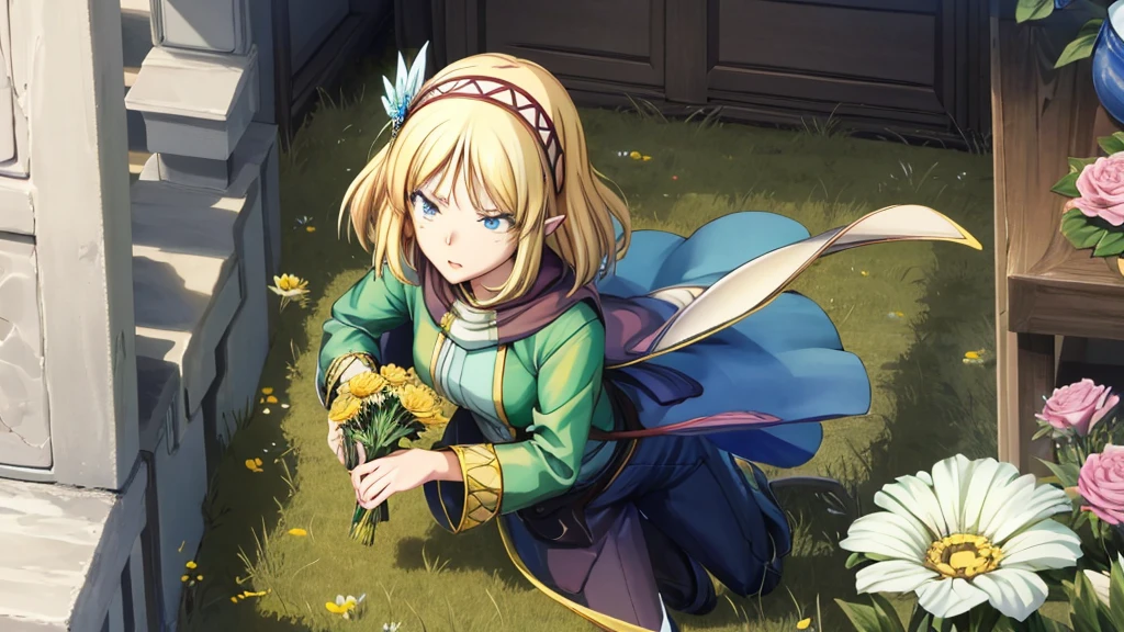 Anime girl holding flowers, Cute anime waifu in a nice dress,  In a dress, I deny that, Official Art, Anime Princess, , Beatrice Blue, Zerochan Art, Royal elegant pose, Official Artワーク, Splash art anime , irritating, Kshat Krentz Key Art Female, Detailed fan art, Beautiful teenage girl, , One girl, Cayna, Blonde, short hair, blue eyes, hair ornaments, Very pointy ears