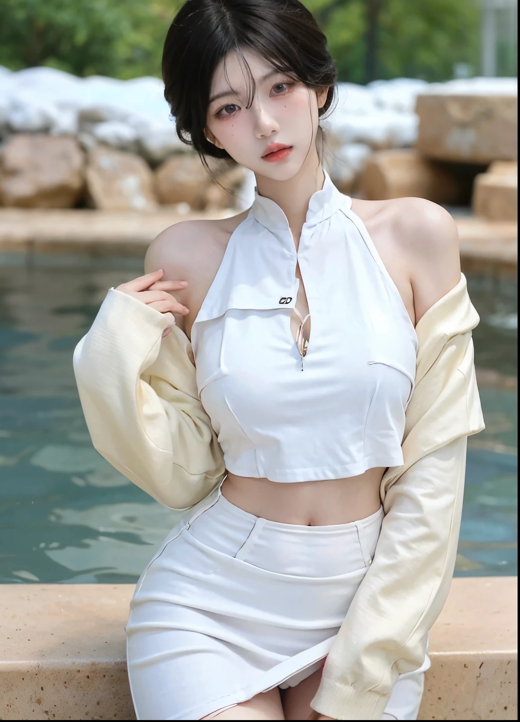 Beautiful woman with perfect figure:1.4，Ultra-high resolution，White legs，Put your hands behind your back，Swimming background，Big breasts：1.6，（Realism:1.4)，perspective，Layered hairstyle，Snow white skin，JK:1.5，Super short pleated skirt，whole body：1.4，Very delicate and skin texture，Double eyelids，Skin Whitening，Long hair，White hair
