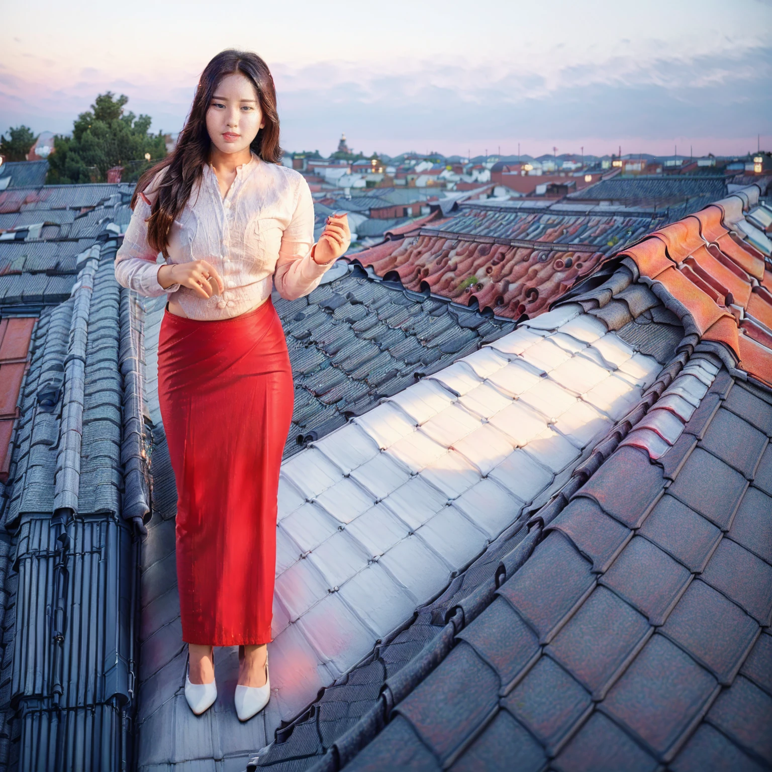 arafed asian woman, 1 girl, solo, (pretty lady MoonLay), innocent look, cute smile, red lips, (standing with seductive pose for photography:1.5), (looking to the sky:1.5), (night with starry sky:1.5), smooth face skin, traditional beauty, cinematic portrait glow lighting, traditional dress, ((in a white shirt and red skirt:1.5), high heel, (full body view:2), (two story building rooftop balcony with vibrant colorful small townscape background:1.5), (cinematic star bokeh very blur background:1.5), cinematic lighting, perfect anatomy, perfect face, perfect dress, perfect shin and calf, perfect hands, perfect toes