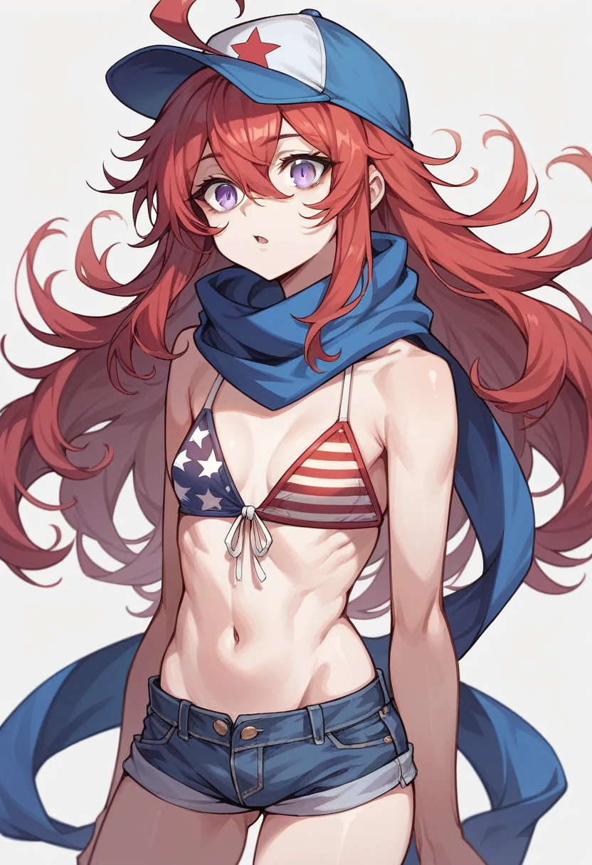 best quality, masterpiece, super high resolution, perfect anatomy, 1girl, red hair, long hair, hair between eyes, messy hair, ahoge,  silver eyes, small breasts, chestnut mouth, freackles,  pale skin, 23 years old, incredibly absurdres, american flag bikini, Denim shorts, scarf, baseball cap, 