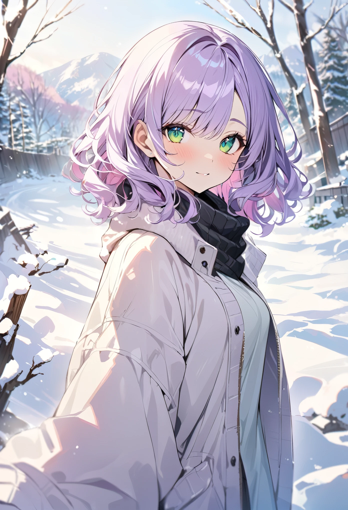 Light purple hair, Green Eyes,Wavy Hair,Medium Hair,Multicolored Hair, Winter Background,masterpiece、Colorful background