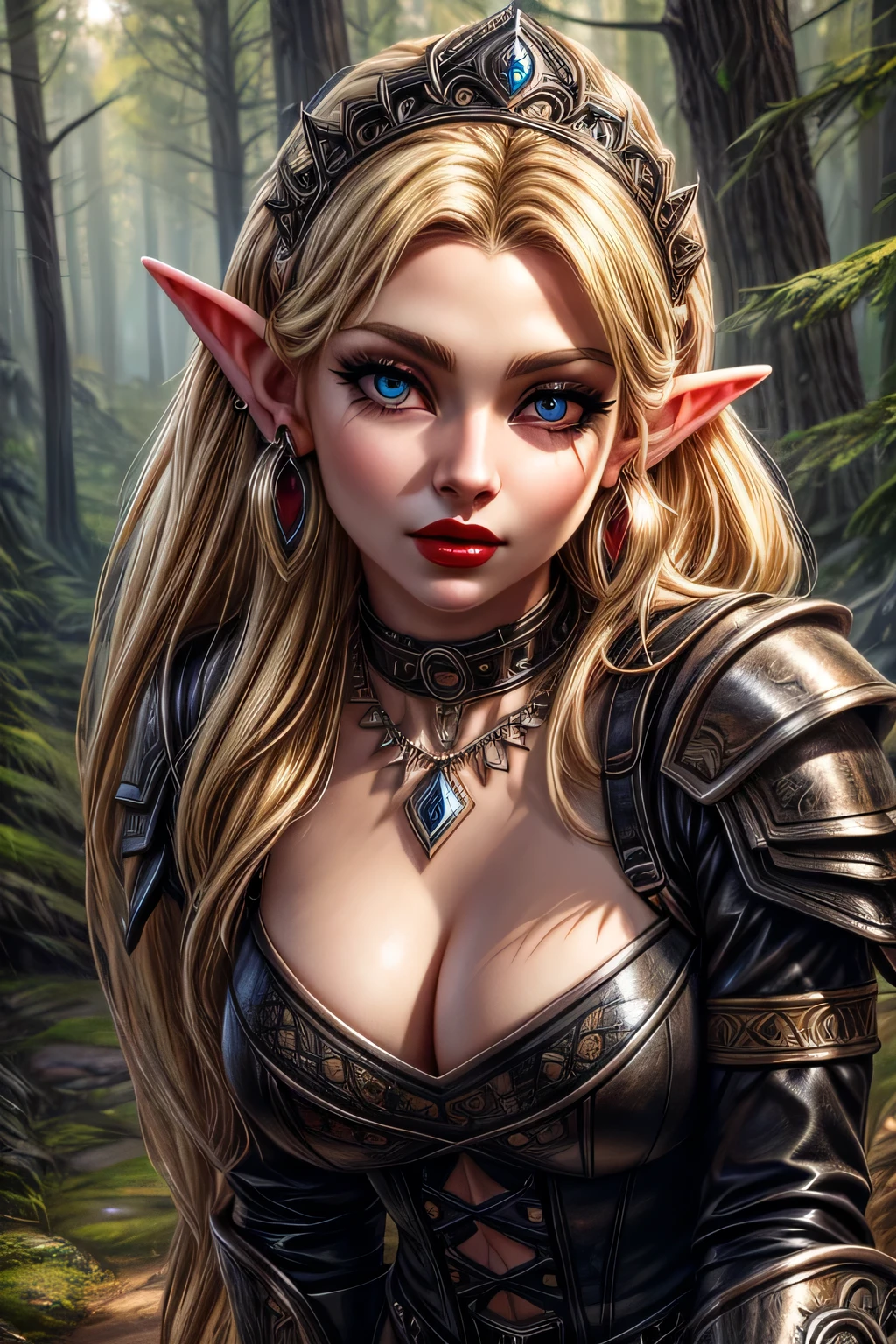 UHD 8k, HDR+, cute blonde female Elf with a necklace, large piercing eyes, huge earrings, giant earrings, her long blonde hair falls over her shoulders, black high heel boots, high heels, black leather armor, Against the background of the forest, detailed background, realistic, 1girl, solo girl, 20 year old girl, ultra realistic face, hyperrealistic, hyperdetailed, (looking at viewers), sharpen, detailed face, detailed eyes, detailed lips, red lips, beautiful face, 16k, FHD, raw photo, cute face mesh, pretty face mesh, portrait shot 8 k