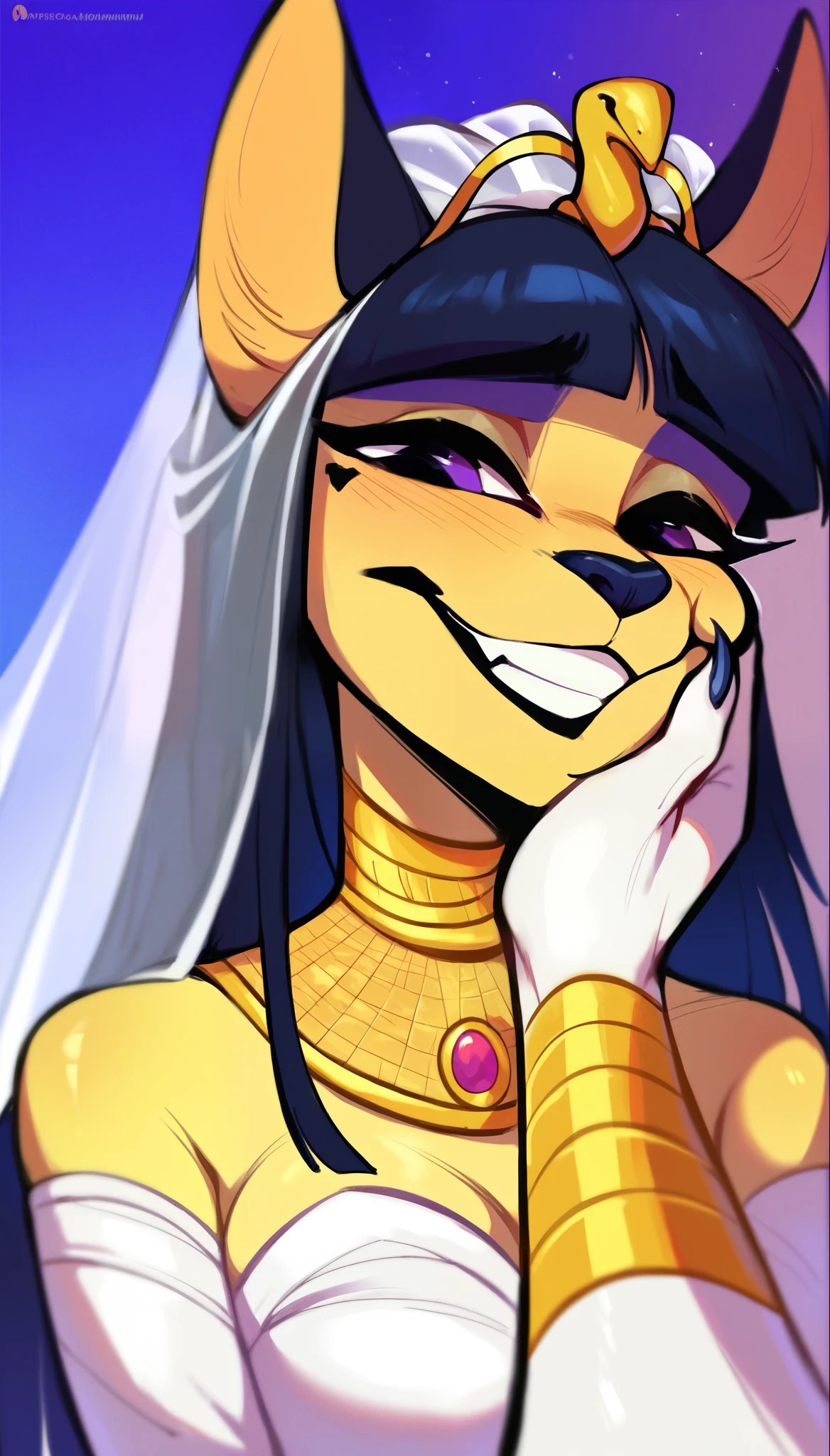 score_9, score_8_up, score_7_up, score_6_up, score_5_up, score_4_up, (thick lines:1.25), Egyptian-themed bedroom, Egypt,
(Bastet:1.2), anthro, female, (goddess, ((smiling:1.35)), ((povcheekgrabbing, solo focus, hand on another's face:1.25)), (wedding dress), POV)