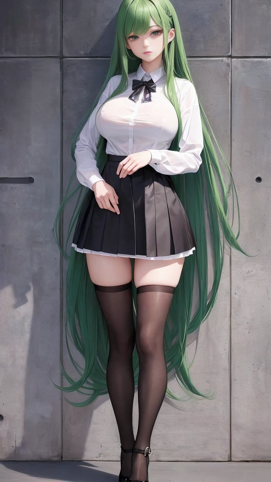 Girl with long green hair showing panties under skirt