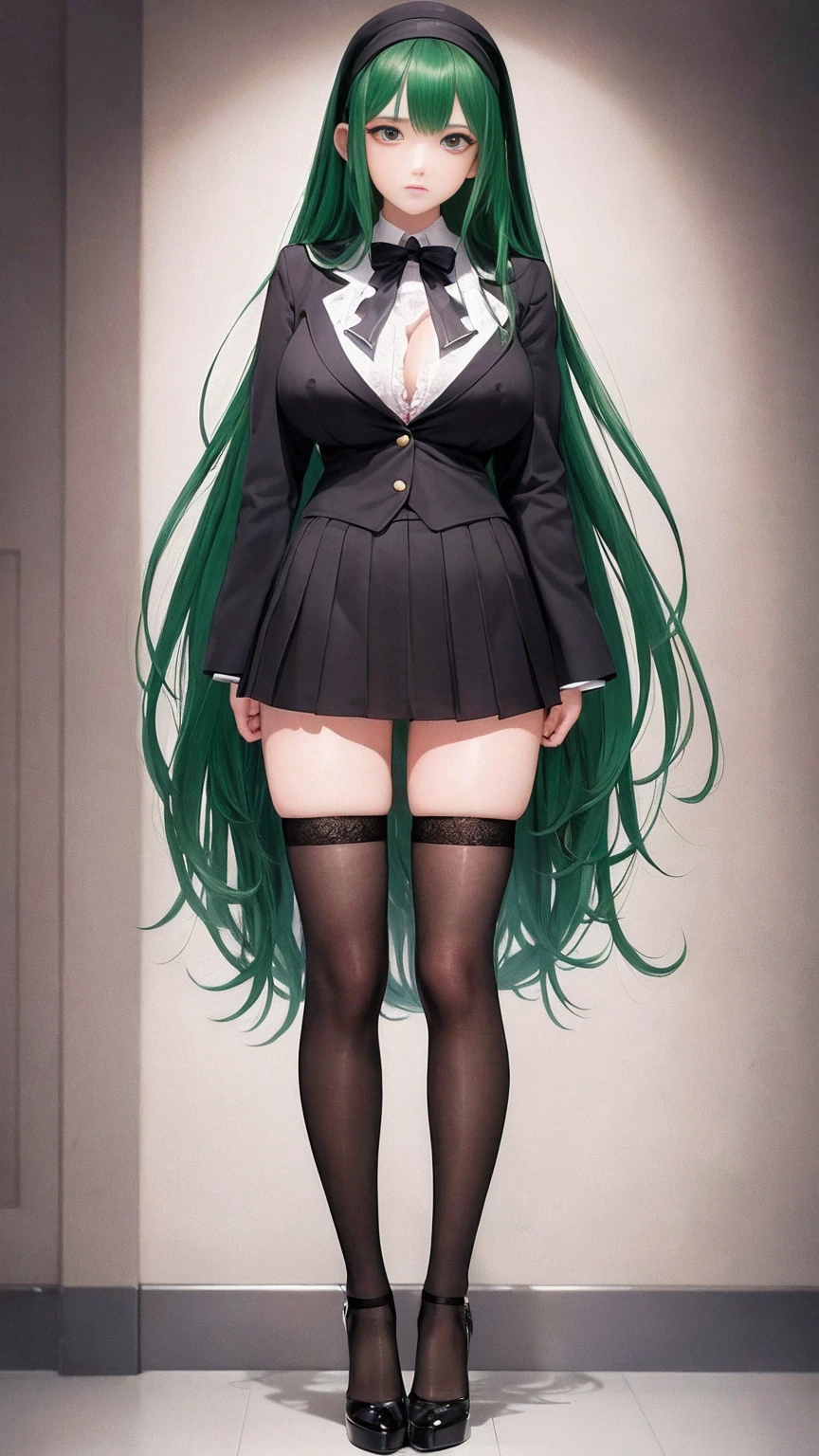 (masterpiece, top quality, best quality, official art, beautiful and aesthetic:1.0), (8k, best quality, masterpiece:1.2), very long hair,(full body:1.3), (large breasts:1.4), very long hair, high heels, black thighhighs, micro skirt, green hair, tall girl, school girl uniform ,