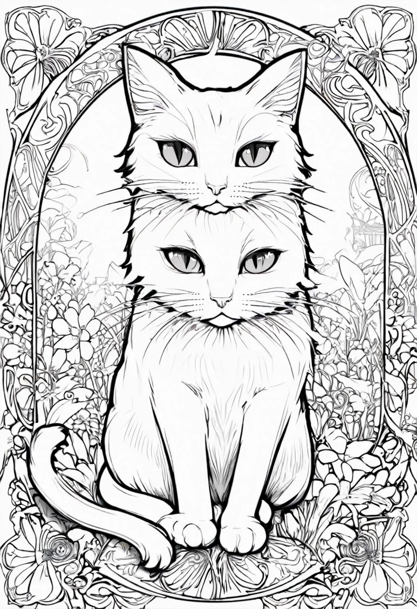 white and black cat with a white background, ploynesian, garden, art for coloring book page, full white background, only use outline, line art, clean line art, mandala for coloring with nature ornaments, simple and clean line art, adorned in Art Nouveau style, with a stroke of Alfons Mucha's brush, perfect details, real