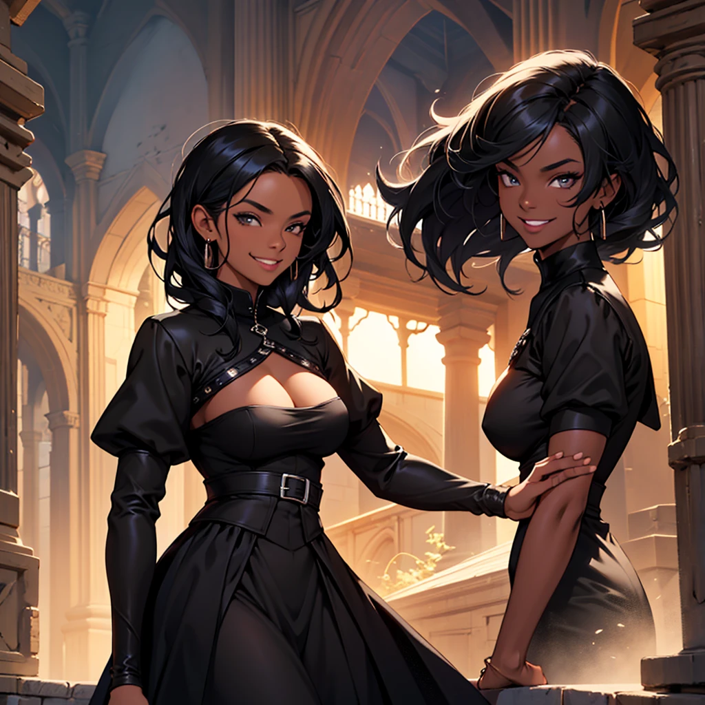 A woman, 22 years old, black skin, dark skin, mischievous smile, big breasts, mischievous smile, curious look, medieval period, wearing a black dress, wearing a black dress, wearing a black tuxedo, medieval background , Ultra HD 4k, 4k, Ultra HD