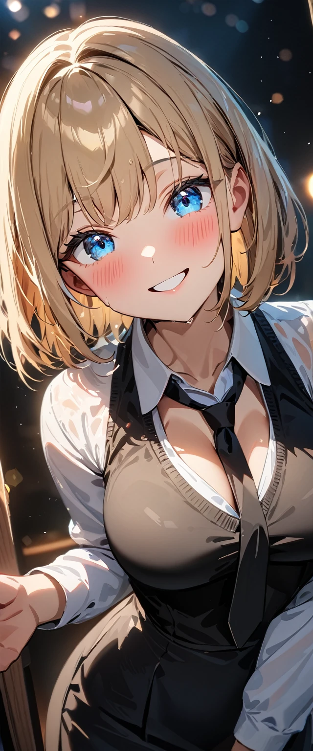 (((One girl))), blond hair, bob cut, (cowboy shot), (looking at viewer), face in focus, breasts, teenager, head tilt:1.3, (((blue eye))), ((happy smile)), ((blush)), school summer uniform, white shirts, ((black tie)), black skirt, wet skin, black corset vest, ((cleavage)), anime style, (best quality, 4k, 8k, highres, masterpiece:1.2, ultra-detailed, ultra-detailed eyes, HDR, UHD, studio lighting, ultra-fine painting, sharp focus, physically-based rendering, extreme detail description, professional, vivid colors, bokeh)