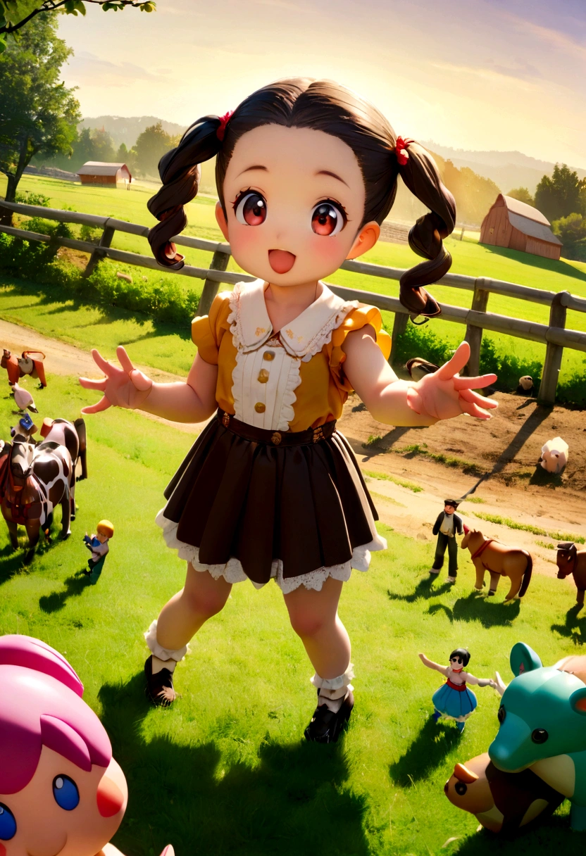 interesting, comical, , , , farm background, (Playful), toy,figure, High resolution, Vibrant colors, Soft lighting, Random Action,Randomly worn,Random Angle,(Exquisite hand:1.5)(Perfect Body Proportions:1.5)(More sophisticated anime eyes:1.5)Long Hair,Random Hairstyles
