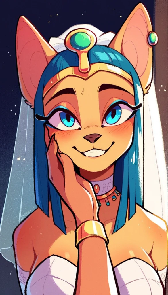 score_9, score_8_up, score_7_up, score_6_up, score_5_up, score_4_up, (thick lines:1.25), Egyptian-themed bedroom, Egypt,
(Bastet:1.2), anthro, female, (goddess, ((smiling:1.35)), ((povcheekgrabbing, solo focus, hand on another's face)), (wedding dress), POV)