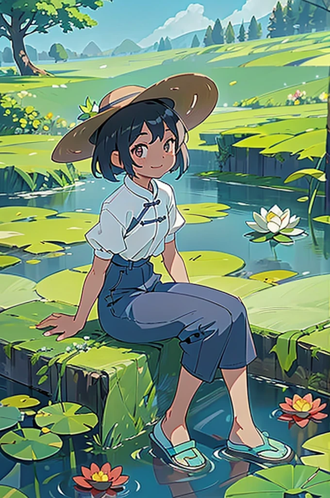 Beautiful summer scenery in Chinese countryside,3 cute and lively kids,Black hair,They all wore straw hats,They are wearing short sleeves and shorts,Roll up your trouser legs,Sitting by the clear pond and laughing,There are tall lotus leaves in the stream。Surrounded by lush greenery and a vast expanse of gorgeous flowers;They contrast beautifully with the blue sky and the hills in the distance.,It forms a peaceful and beautiful picture;In the foreground is a field of colorful flowers。