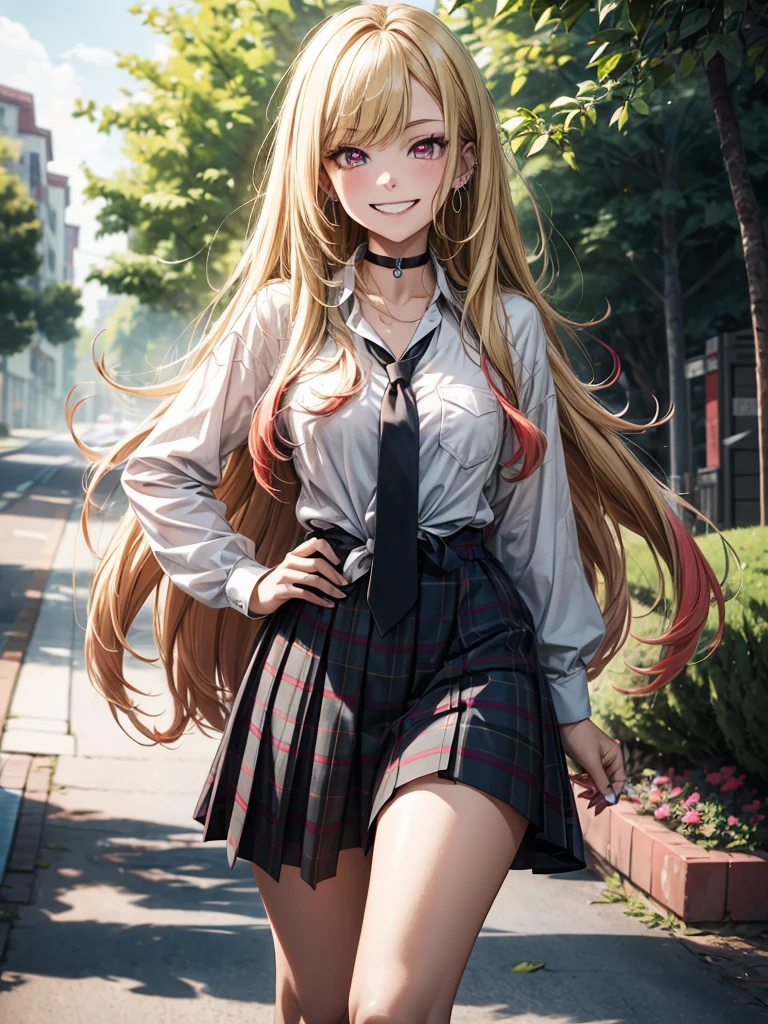 masterpiece, best quality, highres, kitagawa marin, 1girl, blonde hair, long hair, multicolored hair, red eyes, jewelry, earrings, piercing, , white shirt, tied shirt, black choker, blue necktie, plaid skirt, grin, smile, standing, cowboy shot, outdoors,, sultry look, seductive