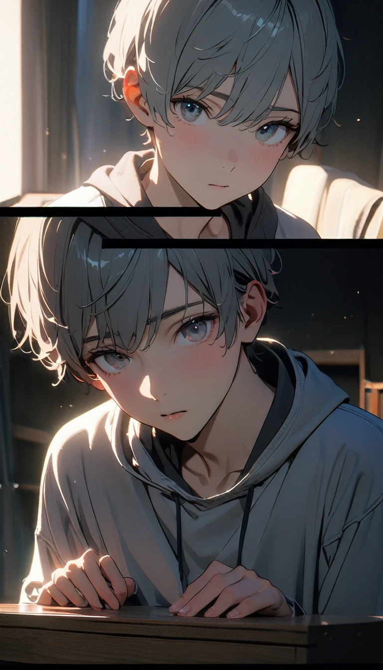 (8K, RAW photos, best quality, masterpiece: 1.4), (((The boy sits at the desk))),Ultra-high resolution, Extremely detailed, light, Close-up of face, handsome boy, black eyes, (delicate eyes, Eyes are bright:1.2), Gray short hair, Fair skin,dark, Grey sweatshirt, sweatshirt with hood,(perfect anatomy:1.2), High-quality shadows, Natural Lighting, (White highlights:1.2), night, cloudy day, (at home:1.2), (quiet expression:1.2)