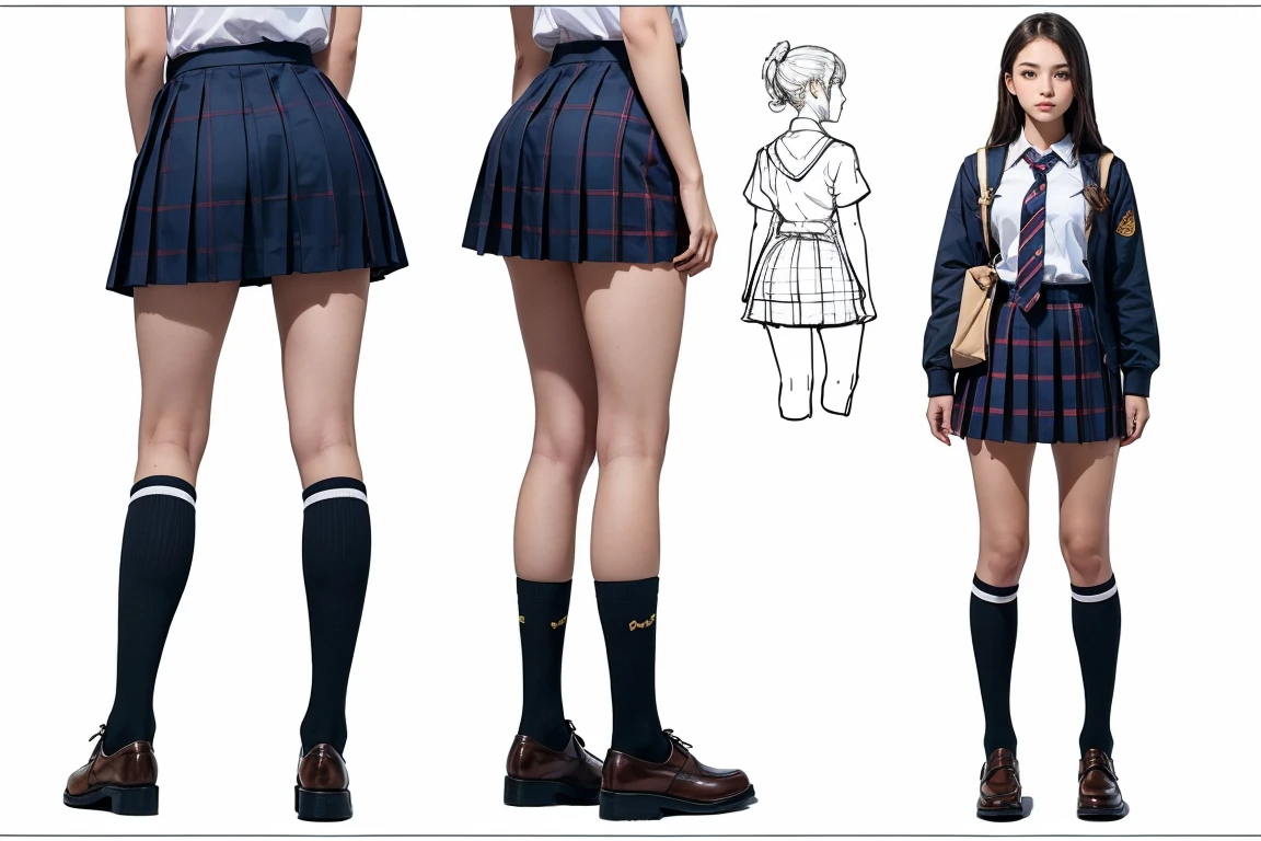 (Masterpiece, Best Quality), (stunning school girl:1.5), the most beautiful school girl in the world, full body, highly detailed beautiful face and eyes, loving look, school tie, knee length pleated skirt, tartan check skirt, school knee-high socks, loafers, perfect anatomy, (three view drawing, front and back and side, character sheet:1.2)